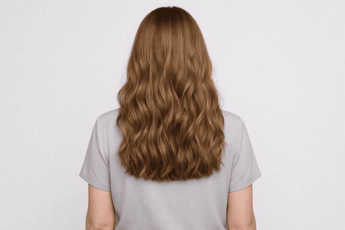 Ilustração de cabelo longo ondulado com base de contorno reto, visto de costas