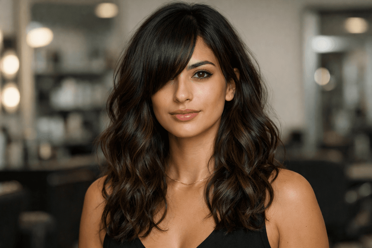 Franja lateral longa em cabelo ondulado feminino, varrida para o lado
