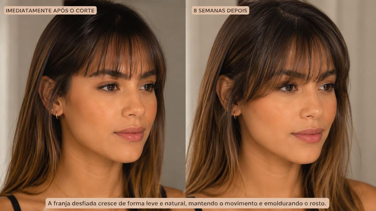 Antes e depois de evolução da franja desfiada imediatamente após o corte e após 8 semanas.