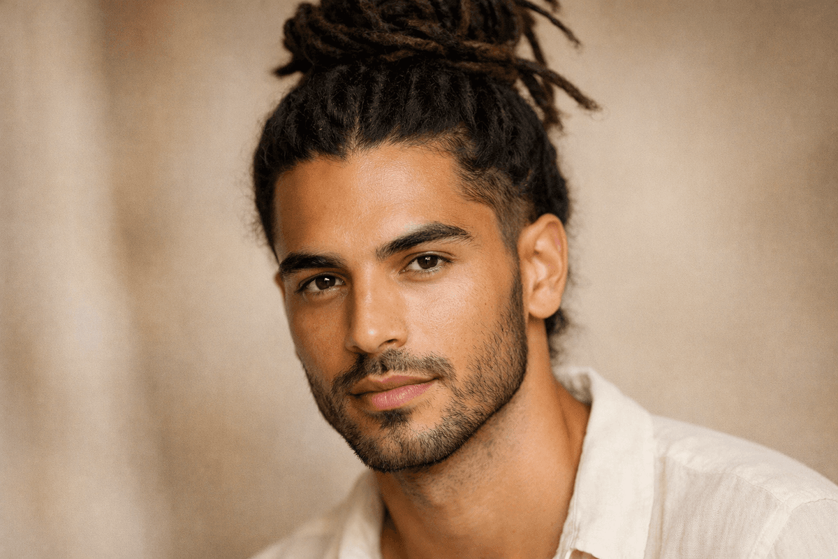 Homem com dread médio espesso amarrado no topo e barba rala