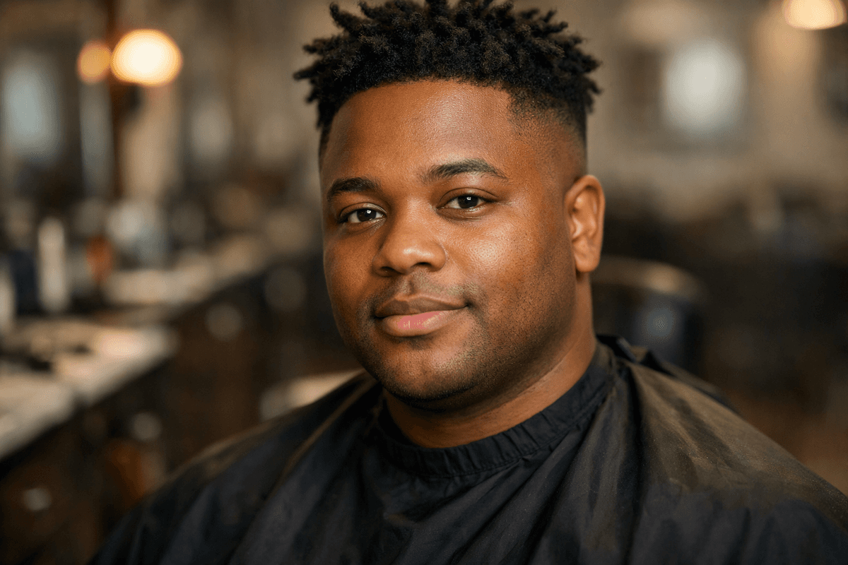 Homem com dread curto no topo e degradê baixo nas laterais sem barba