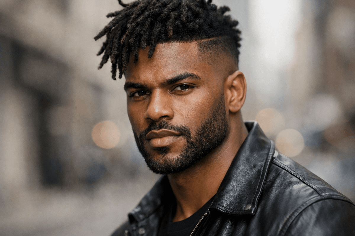 Homem com dread grosso no topo e undercut lateral com barba desenhada