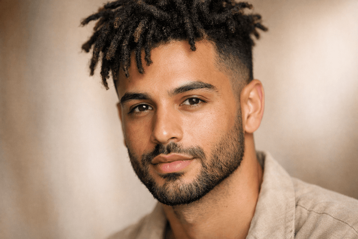 Homem com rosto triangular base larga e dread curto volumoso no topo