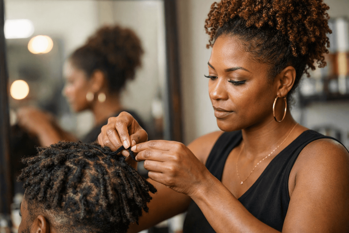 Profissional trabalhando na formação de dread em cliente de costas
