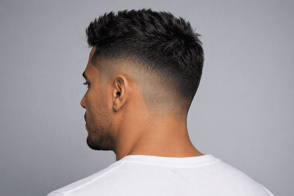 Drop fade visto de trás com a linha do degradê descendo atrás da orelha