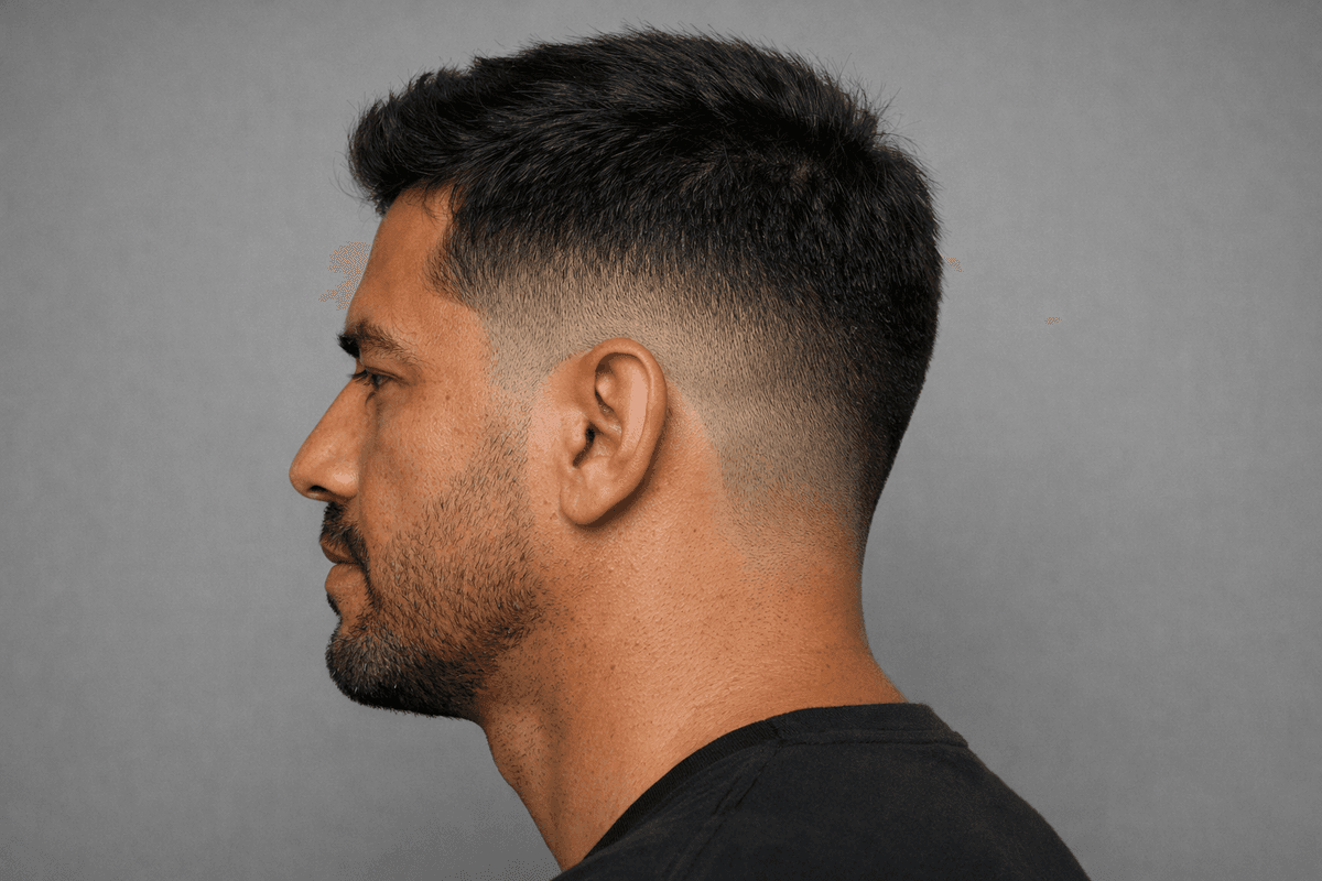 Drop fade médio com transição descendente até a nuca
