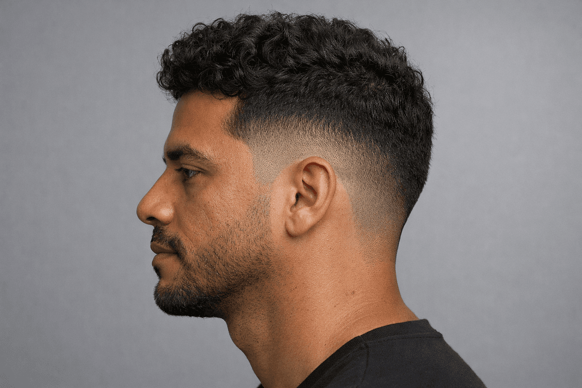 Drop fade com cachos definidos e transição para a nuca
