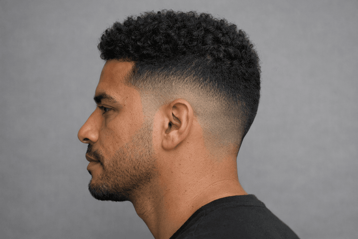 Drop fade com pequenas espirais crespas no topo