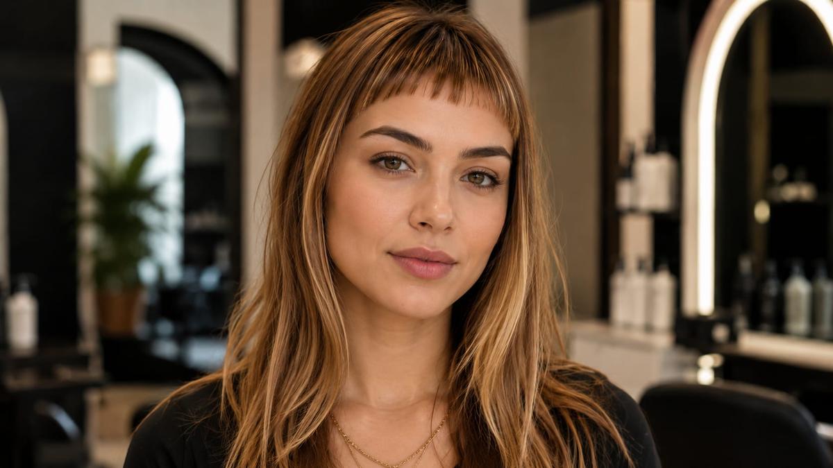 Mulher de cabelo longo loiro com franja desfiada no estilo baby bangs.
