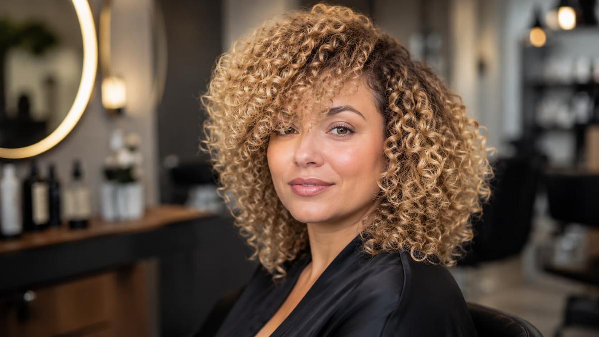 Franja de cachos definidos caindo sobre a testa em mulher com cabelo cacheado médio com luzes loiras.