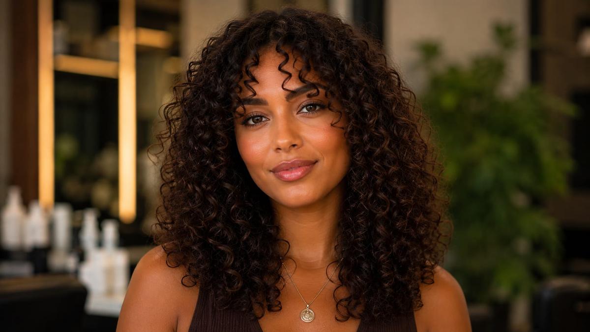 Mulher com cabelo castanho cacheado médio e finalização de franja cortina