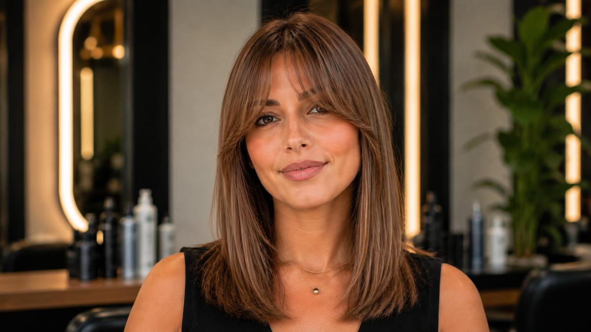 Mulher sorrindo com cabelo médio liso fino e estilo de franja cortina