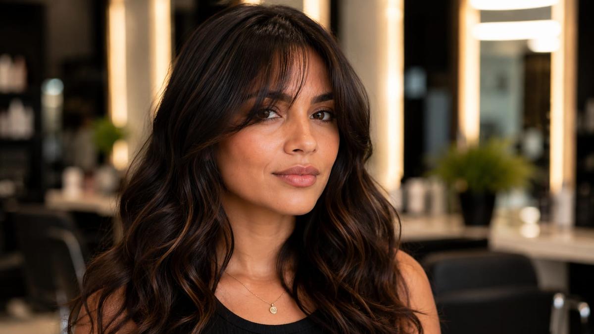 Mulher de cabelo escuro ondulado com corte de franja cortina curta clássica