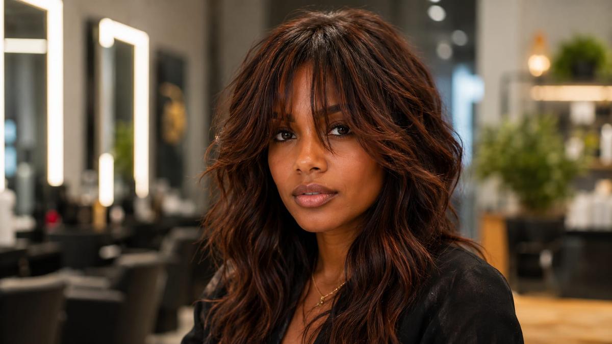 Mulher com cabelo escuro ondulado e repicado exibe estilo moderno de franja cortina desfiada