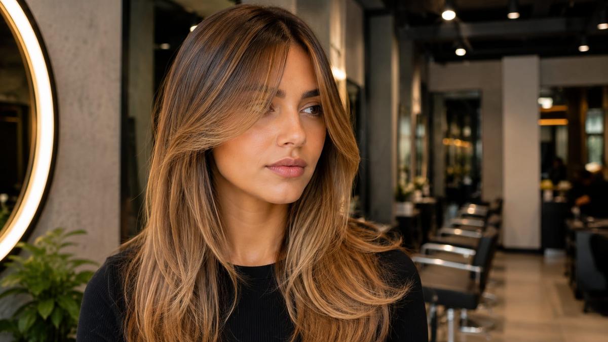 Mulher com cabelo castanho iluminado exibe corte com franja cortina longa em um salão