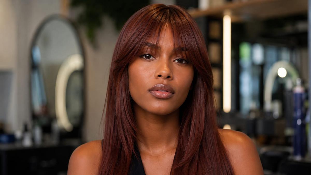 Mulher de cabelo acaju e rosto formato coração usando franja cortina