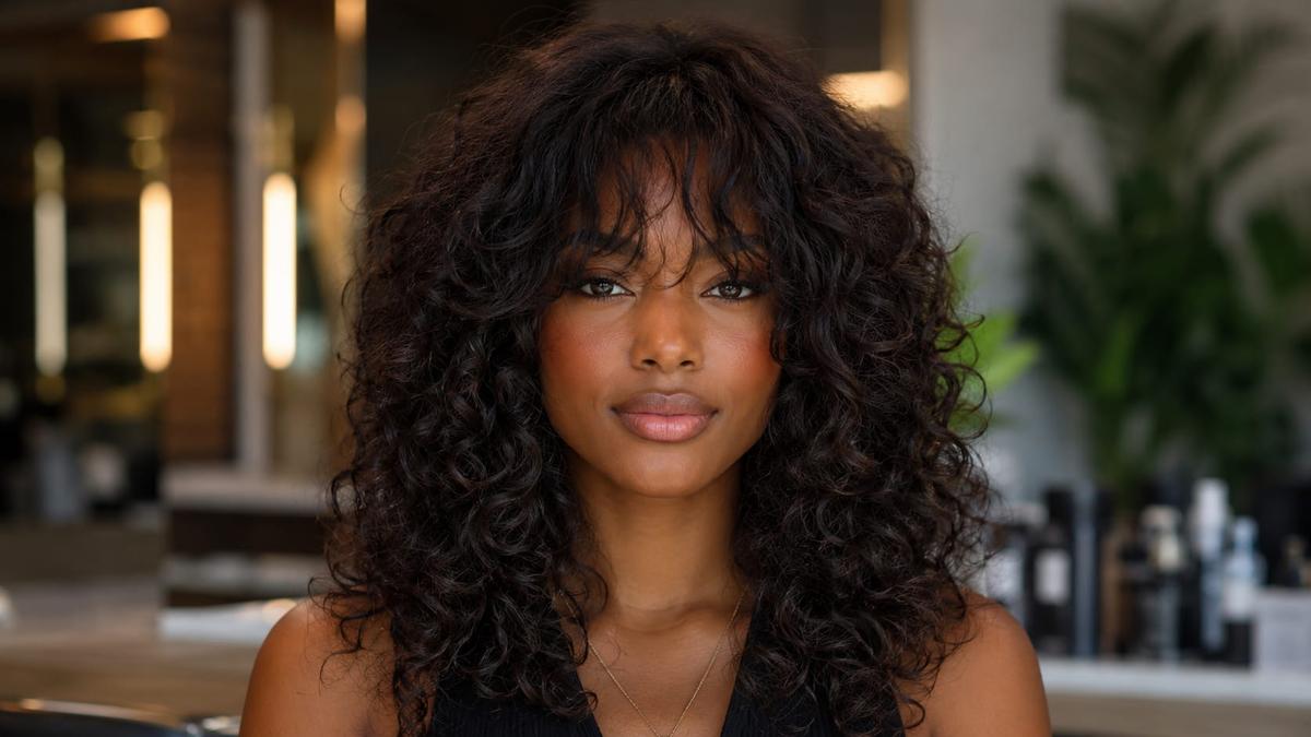 Mulher de cabelo cacheado volumoso e rosto oblongo usando franja cortina