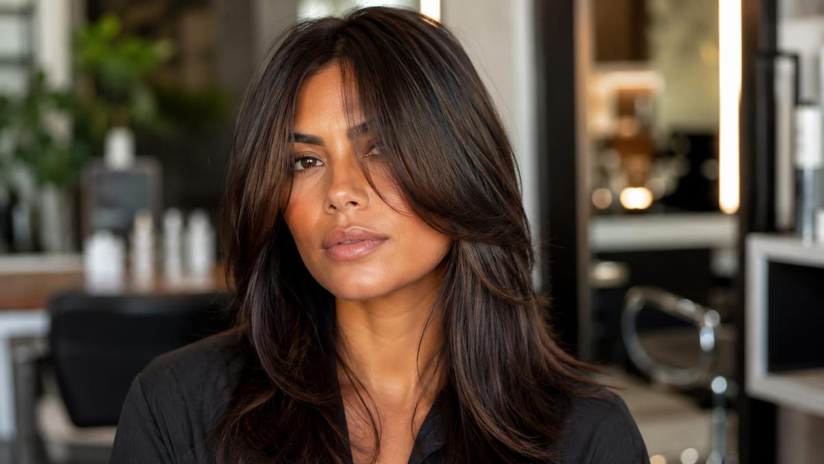 Mulher de cabelo castanho e rosto oval com estilo de franja cortina sutil.
