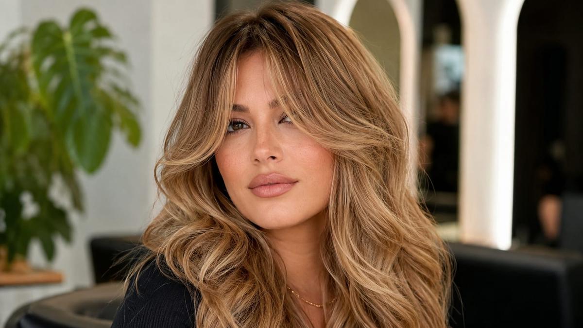 Mulher loira de rosto quadrado com cabelo longo e franja cortina volumosa.