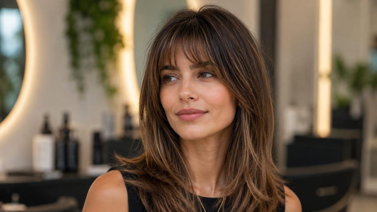 Mulher de cabelo castanho repicado usando franja desfiada leve, ideal como franja para cabelo fino