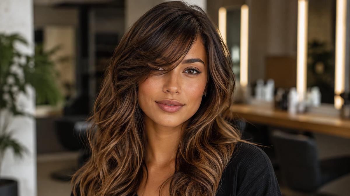 Mulher de cabelo longo ondulado com luzes e corte de franja lateral desfiada