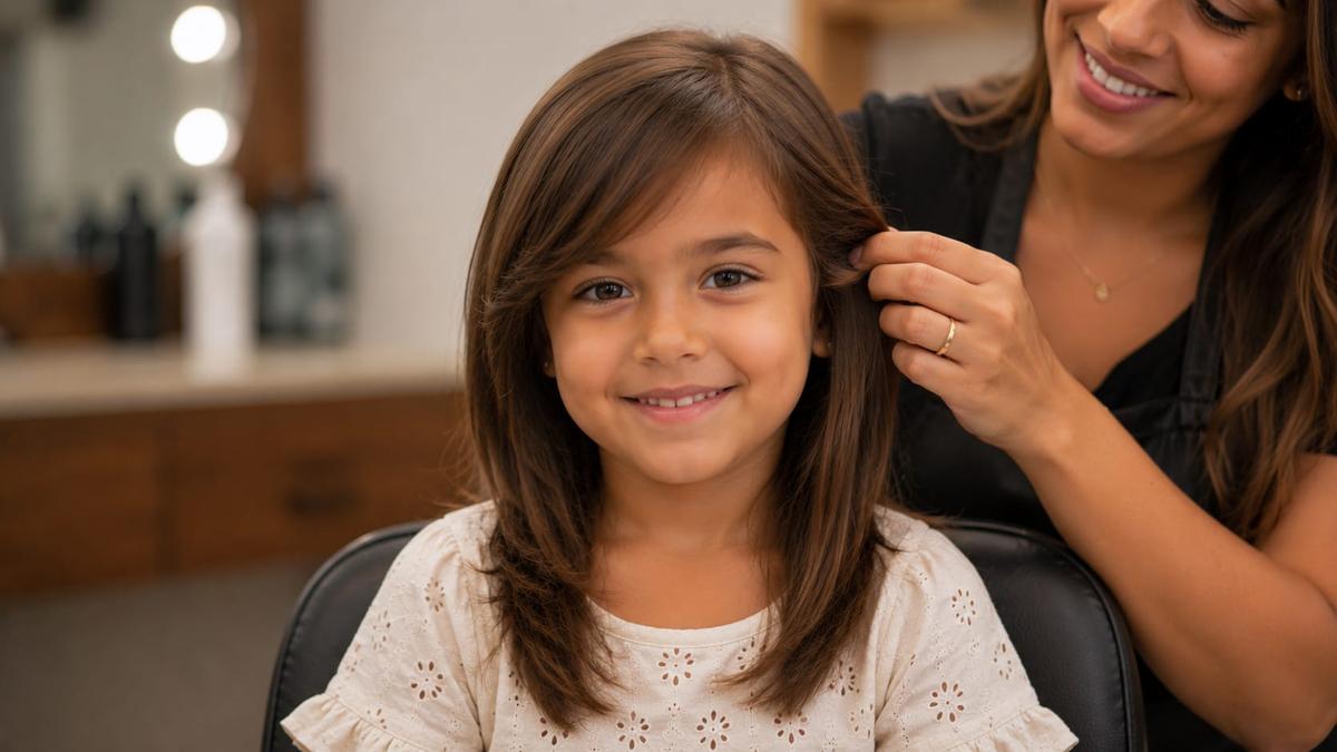 Menina sorridente com cabelo liso e franja lateral no salão de beleza, enquanto a cabeleireira arruma uma mecha atrás de sua orelha.