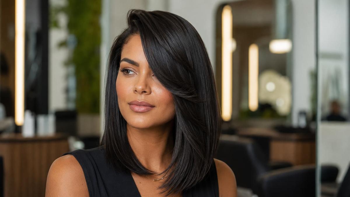 Franja com comprimento longo e lateral em corte de cabelo bob médio liso e volumoso na cor preta.