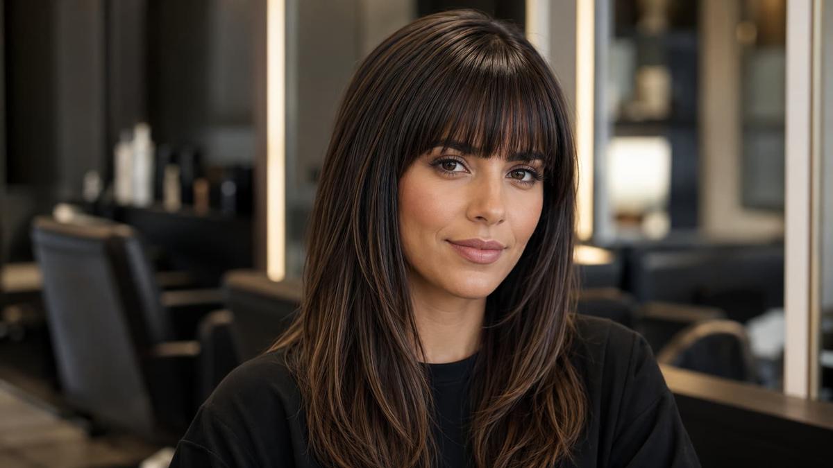 Franja em comprimento médio e reta na linha das sobrancelhas em mulher com cabelo castanho longo e liso.