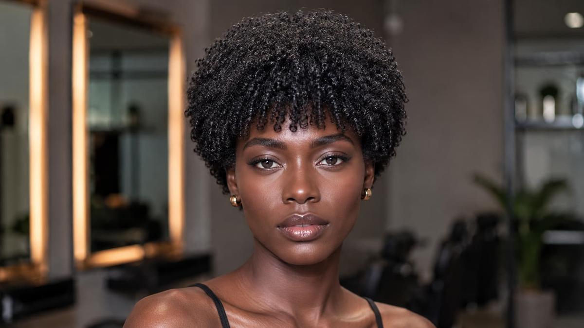 Franja com comprimento curto em cabelo crespo volumoso formato arredondado com alta definição dos cachos.