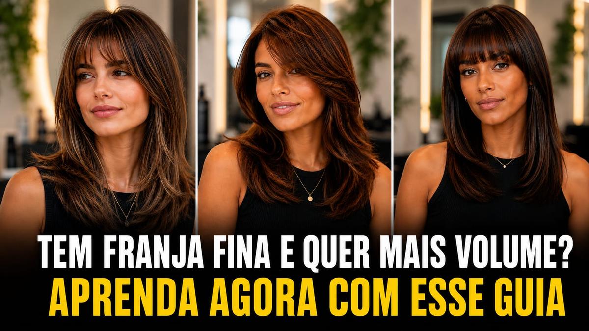 Três mulheres com franja para cabelo fino. Texto: Tem franja fina e quer mais volume? Aprenda agora com esse guia