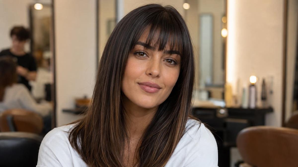 Mulher com rosto oval e franja reta desfiada, com corte equilibrando as proporções faciais
