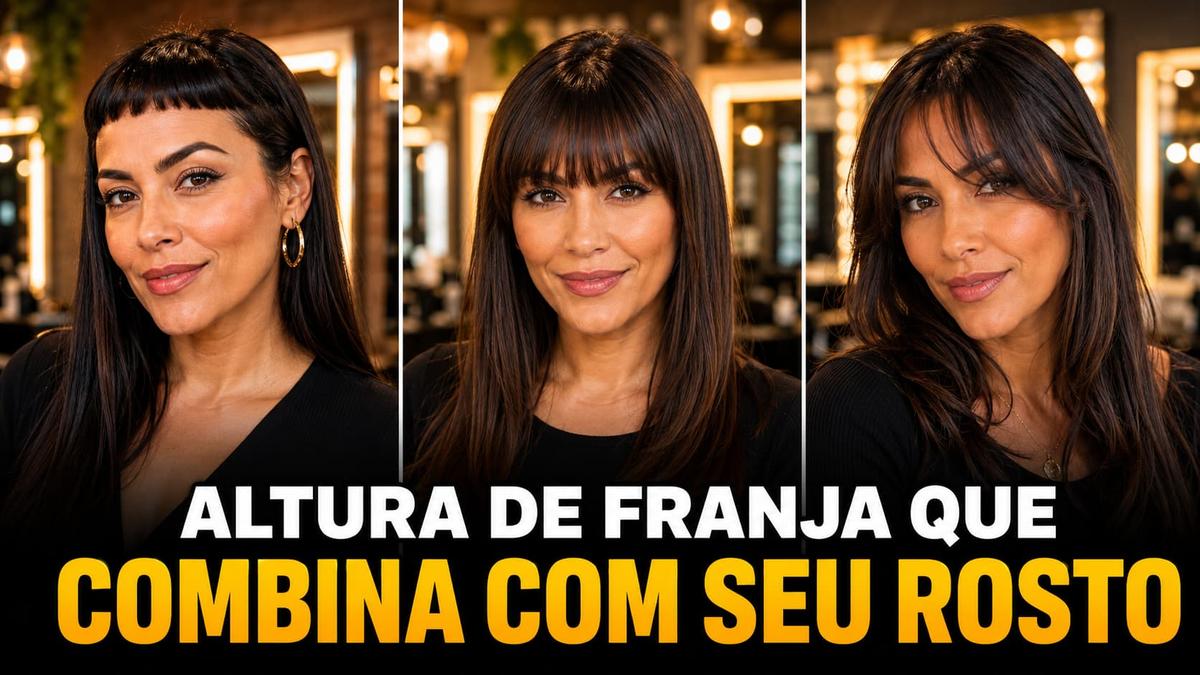 Franja por comprimento em três estilos: curta, média e longa. Transcrição: Altura de franja que combina com seu rosto.