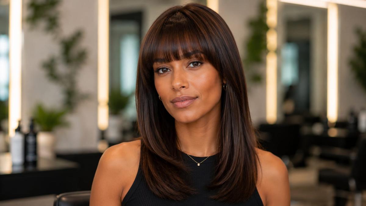 Mulher com cabelo longo escuro e franja reta leve, adaptada como franja para cabelo fino