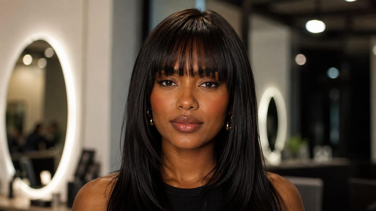 Mulher de cabelo longo liso e escuro com corte de franja reta desfiada