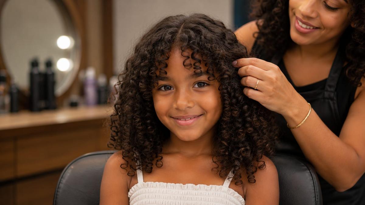 Menina sorridente de cabelos cacheados em um salão de beleza, enquanto a cabeleireira arruma seus cachos.