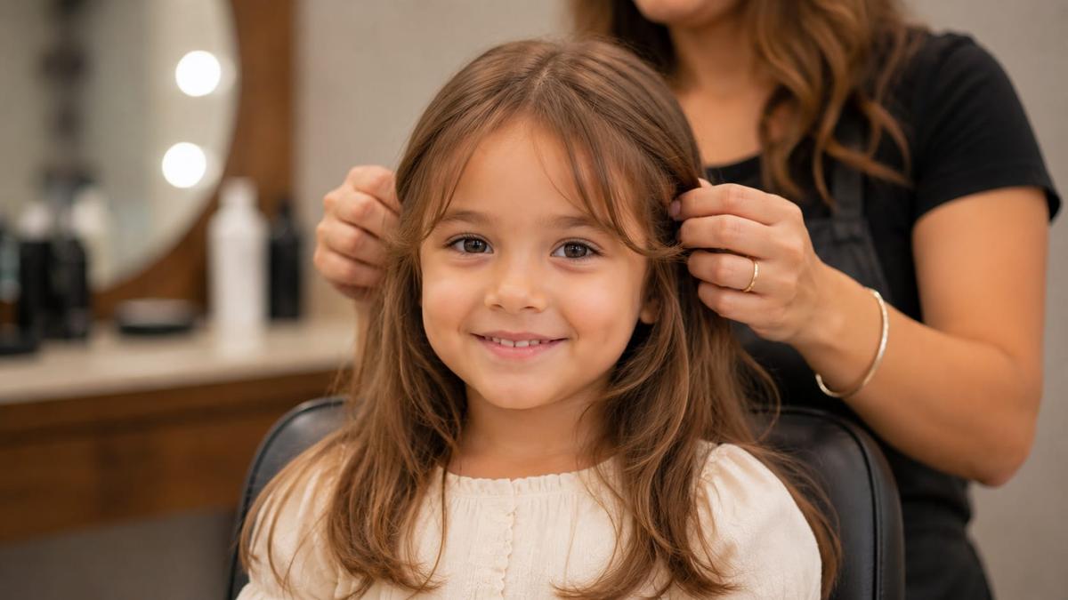 Menina sorridente de cabelos lisos e castanhos em um salão de beleza, enquanto uma profissional ajusta sua franja.