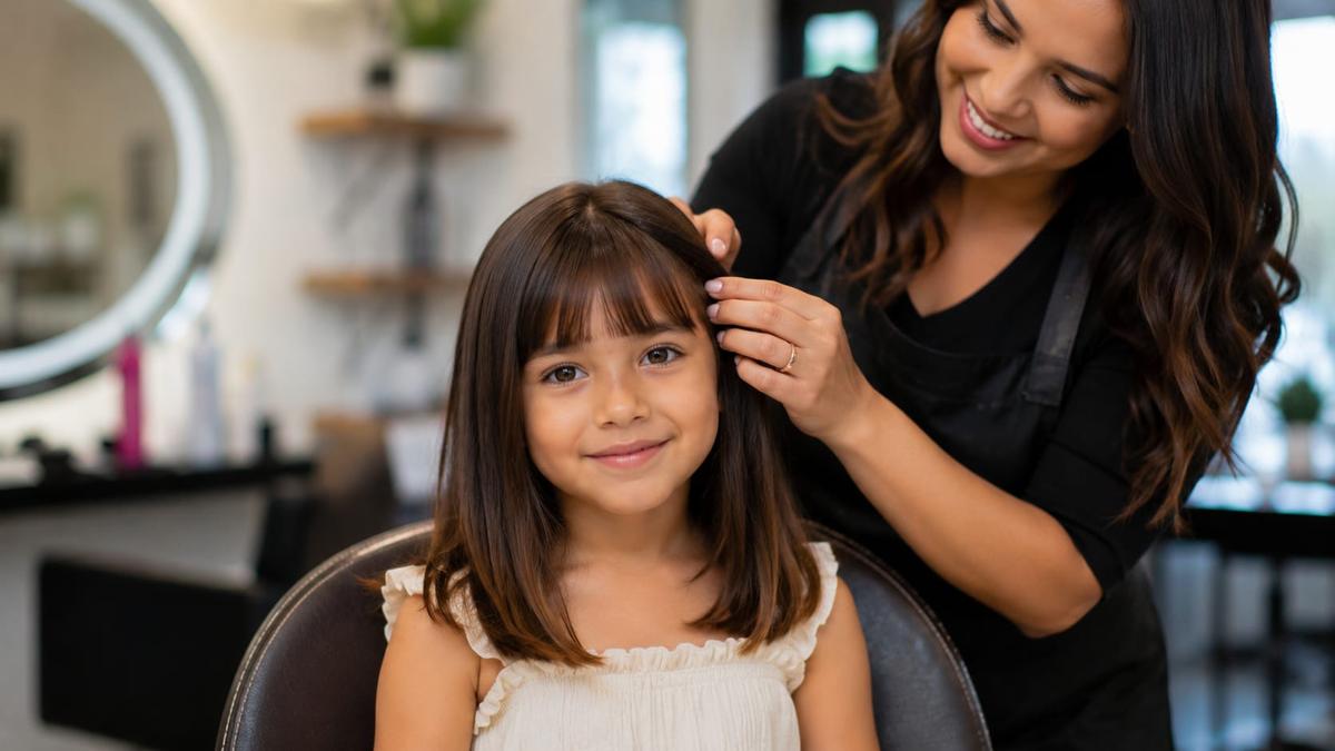 Cabeleireira arrumando o cabelo de uma menina com franjinha reta e desfiada.