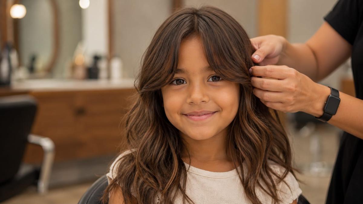 Menina sorridente de cabelos castanhos e ondulados em um salão de beleza, enquanto uma cabeleireira ajusta suas mechas.