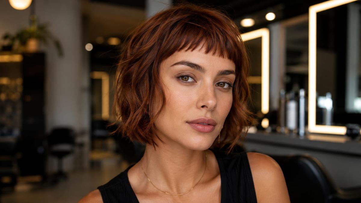 Mulher de cabelo curto ruivo e ondulado usando estilo de franjinha desfiada