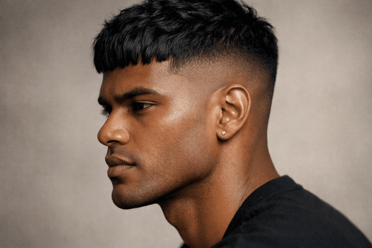French crop com high fade em homem com rosto quadrado