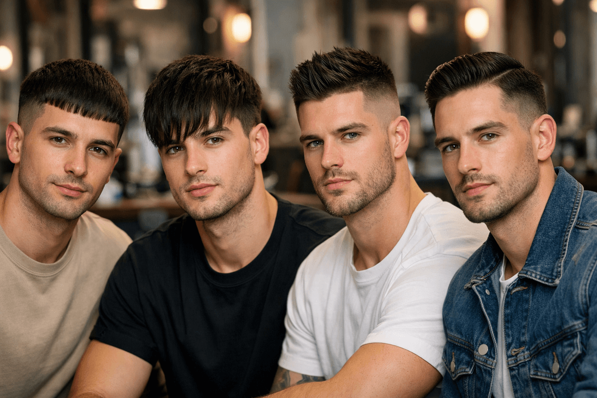 Quatro homens com formatos de rosto diferentes usando french crop