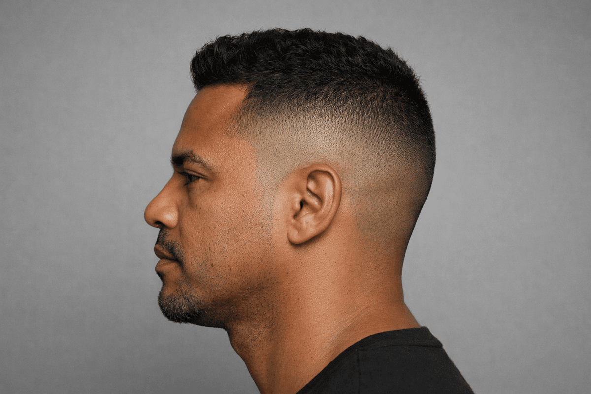 High fade com transição alta e topo preservado