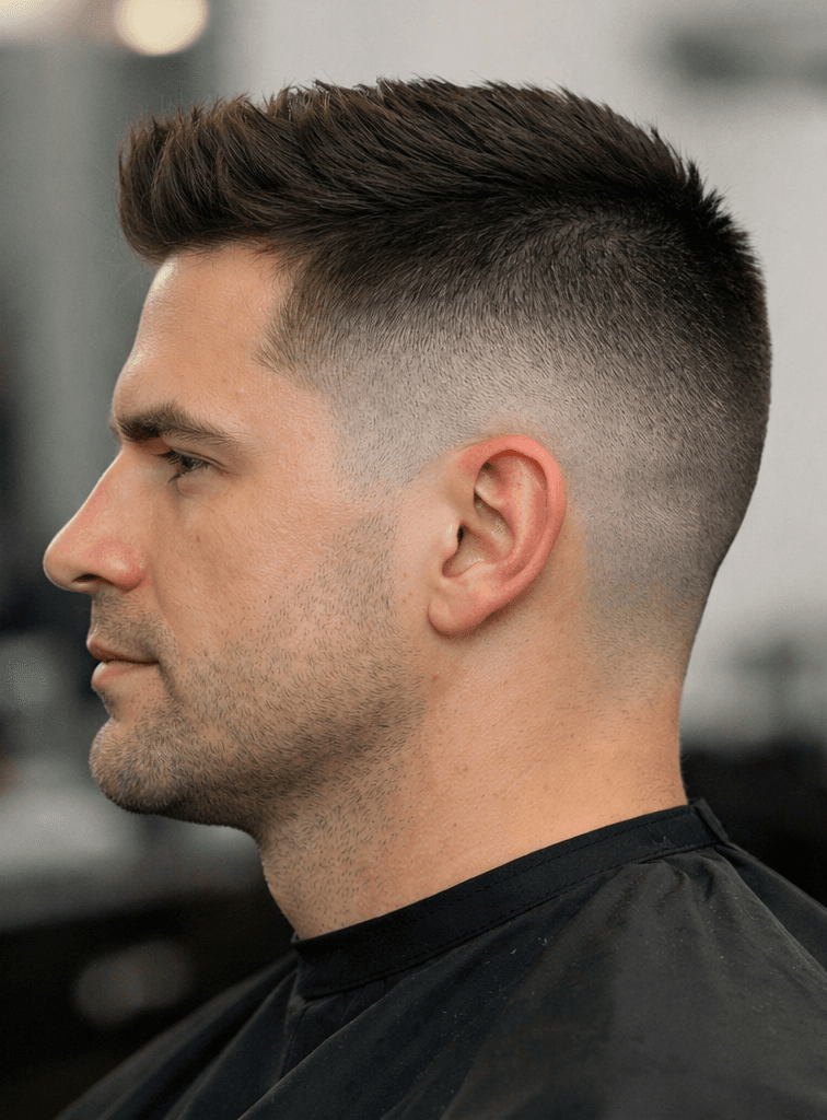 High fade em perfil com topo liso volumoso