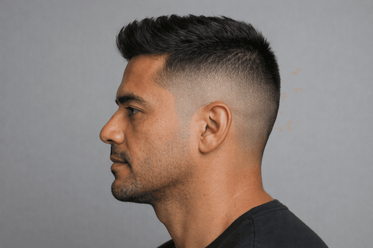 High fade com cabelo curto visível na base
