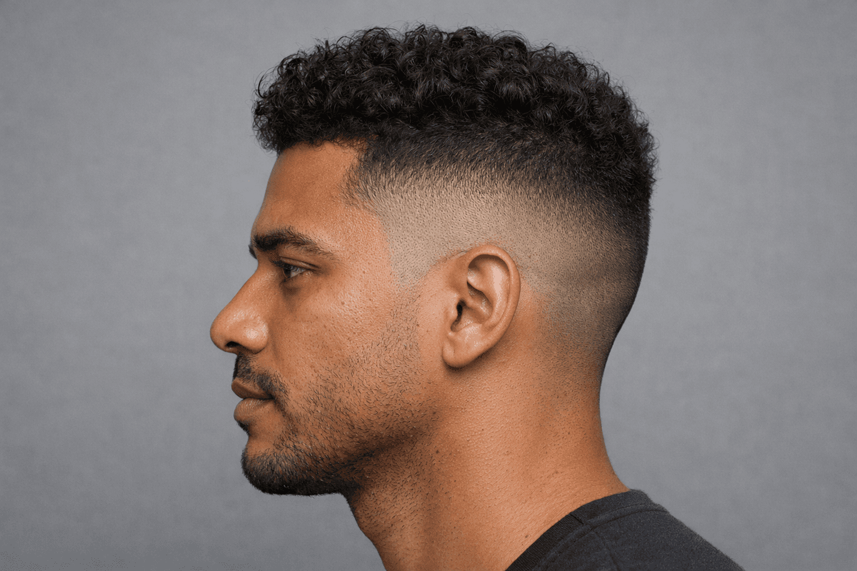 High fade com cachos preservados no topo