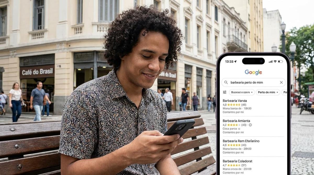 Homem sorrindo em banco de praça usando celular. Tela em destaque mostra busca do Google por barbearias próximas.