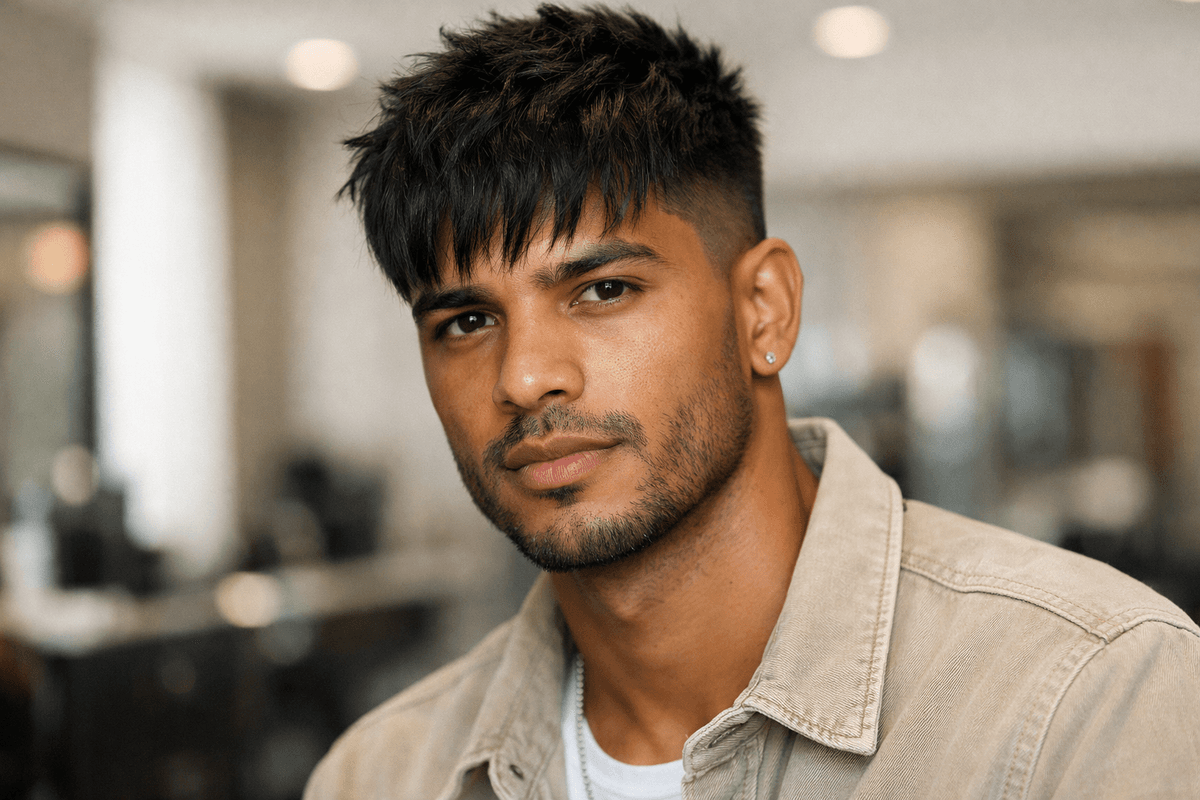 crop texturizado moderno em homem brasileiro com cabelo liso preto e franja texturizada
