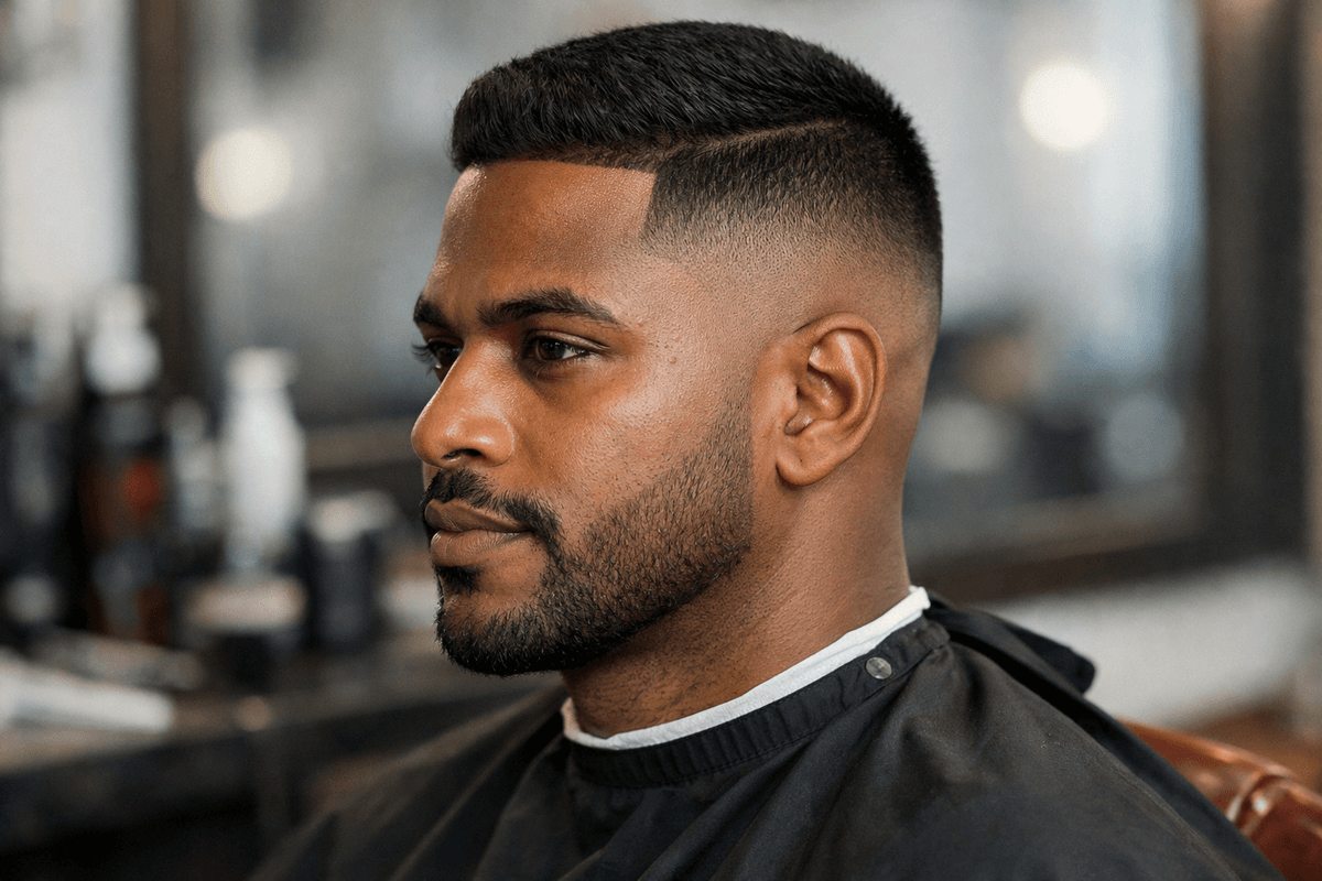 Degradê médio (mid fade) em homem brasileiro com cabelo liso preto