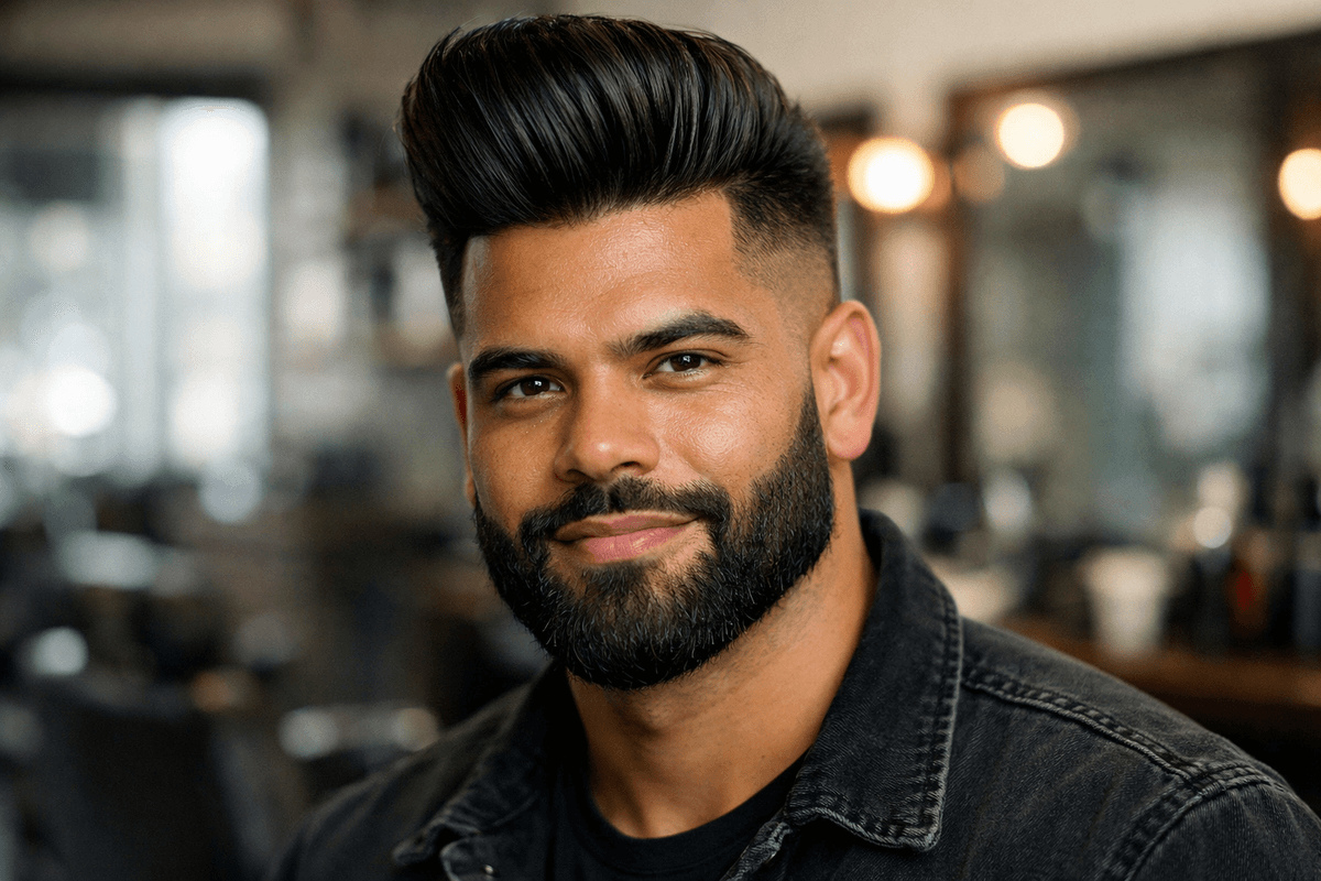 Homem brasileiro com rosto triangular usando pompadour volumoso e barba cheia equilibrada