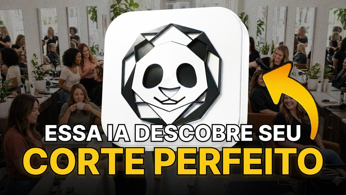Logo de pandami IA para testar corte de cabelo, sobre salão de beleza. Texto: Essa IA descobre seu corte perfeito.